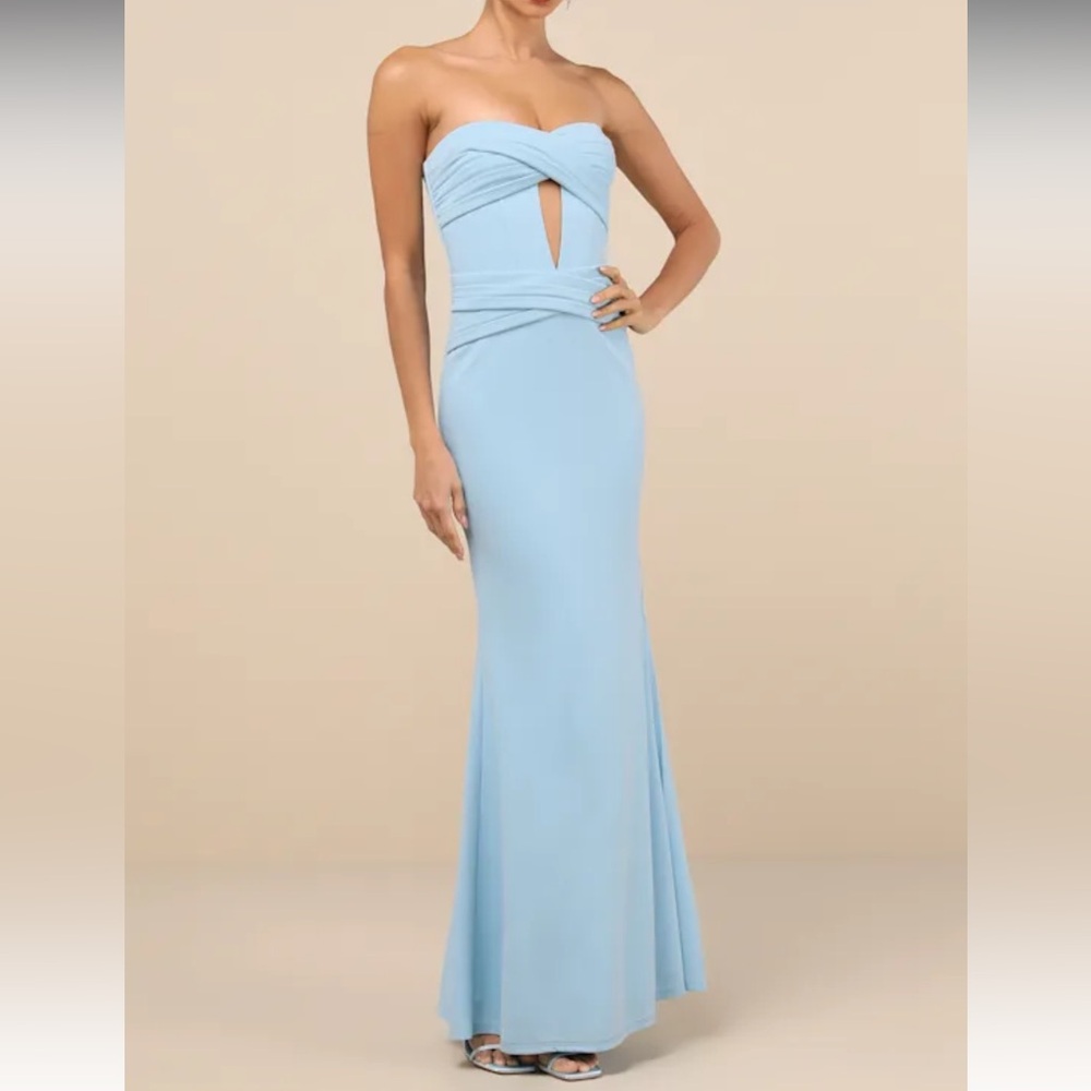 Lulus Elegant Finesse Light Blue Pleated Cutout Strapless Maxi Dress Size Large